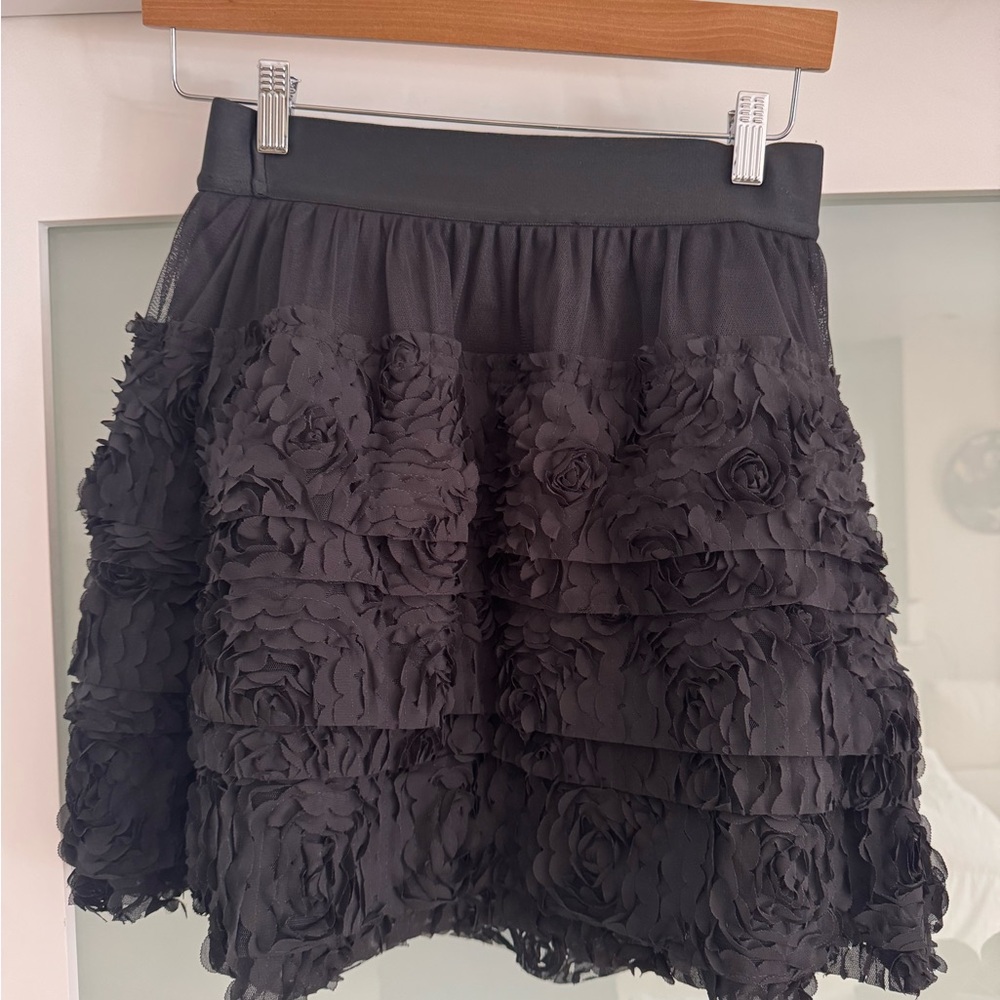 Maje Black Layered Floral Applique Skater Skirt